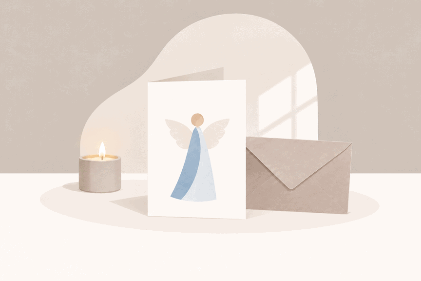 Minimalistische Illustration einer Trauerkarte mit blauem Engel, einem beigefarbenen Briefumschlag und einer brennenden Kerze im nordischen Stil.
