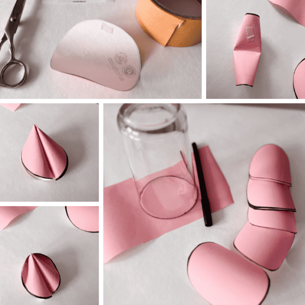 Bilderanleitung zum Falten von Glückskeksen aus rosa Papier mit Schere, Stift und Kreisschablone.