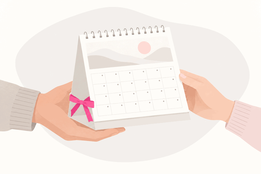 Zwei Hände mit unterschiedlichen Pullovern überreichen einen Tischkalender mit pinker Geschenkschleife.
