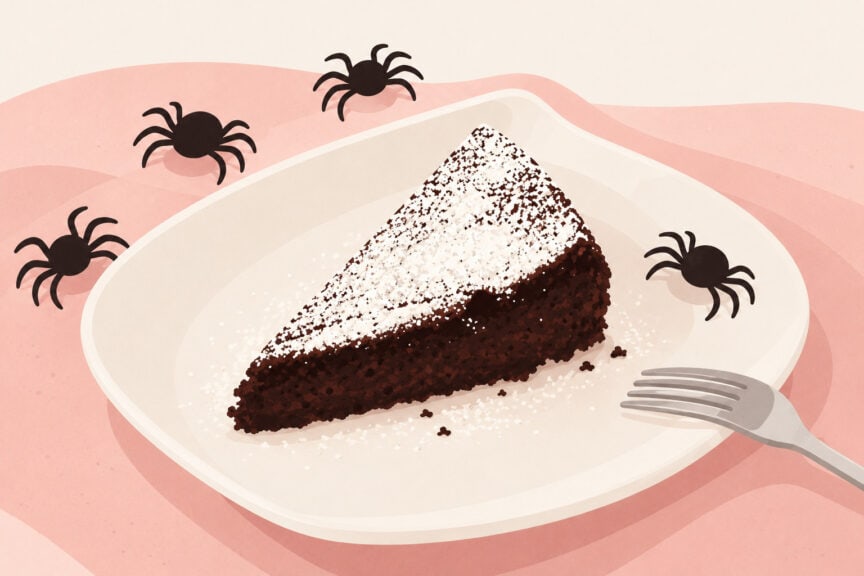 Illustration eines Stücks Schokoladenkuchen mit Puderzucker, umgeben von kleinen Spinnenmotiven und einer Gabel.