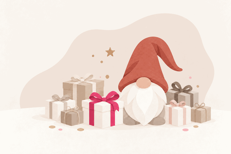 Illustration eines Wichtels mit roter Mütze, umgeben von kleinen verpackten Geschenken und dezenten Sternen.