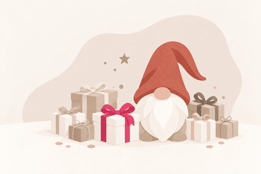 Illustration eines Wichtels mit roter Mütze, umgeben von kleinen verpackten Geschenken und dezenten Sternen.