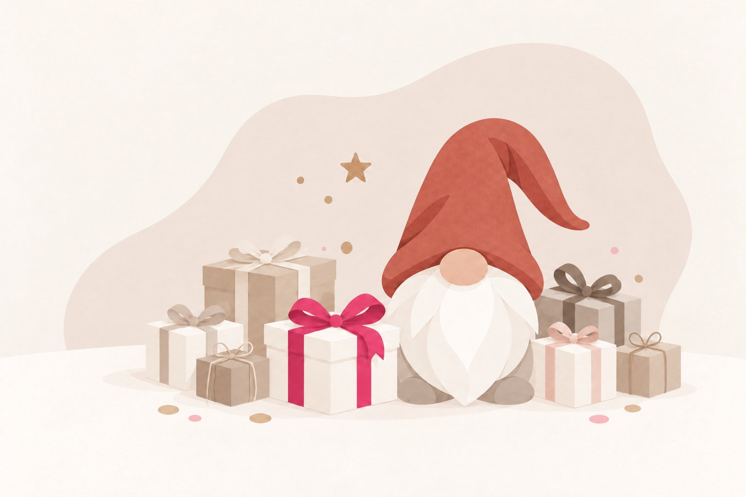 Illustration eines Wichtels mit roter Mütze, umgeben von kleinen verpackten Geschenken und dezenten Sternen.