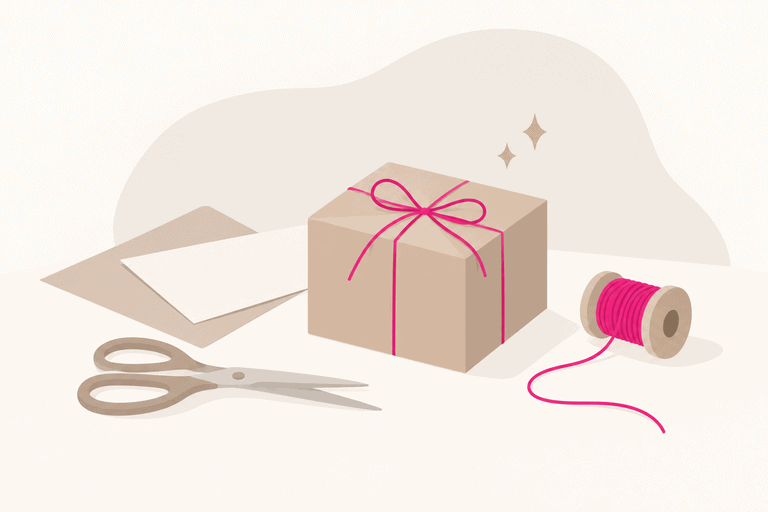 Minimalistische Illustration eines kleinen verpackten Geschenks mit Schere, Papier und Faden im hellen nordischen Stil