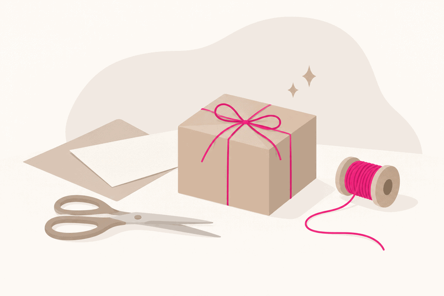 Minimalistische Illustration eines kleinen verpackten Geschenks mit Schere, Papier und Faden im hellen nordischen Stil