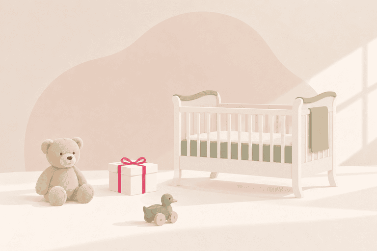 Helles Vintage-Kinderbett neben einem Teddy, einem Geschenk mit pinker Schleife und einer Holzente – nordische Illustration in Pastellfarben.