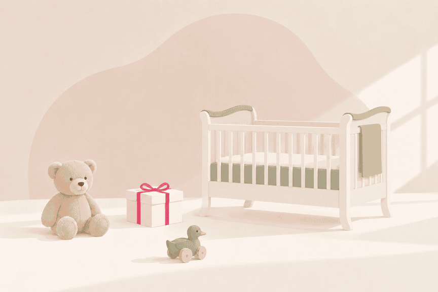Helles Vintage-Kinderbett neben einem Teddy, einem Geschenk mit pinker Schleife und einer Holzente – nordische Illustration in Pastellfarben.