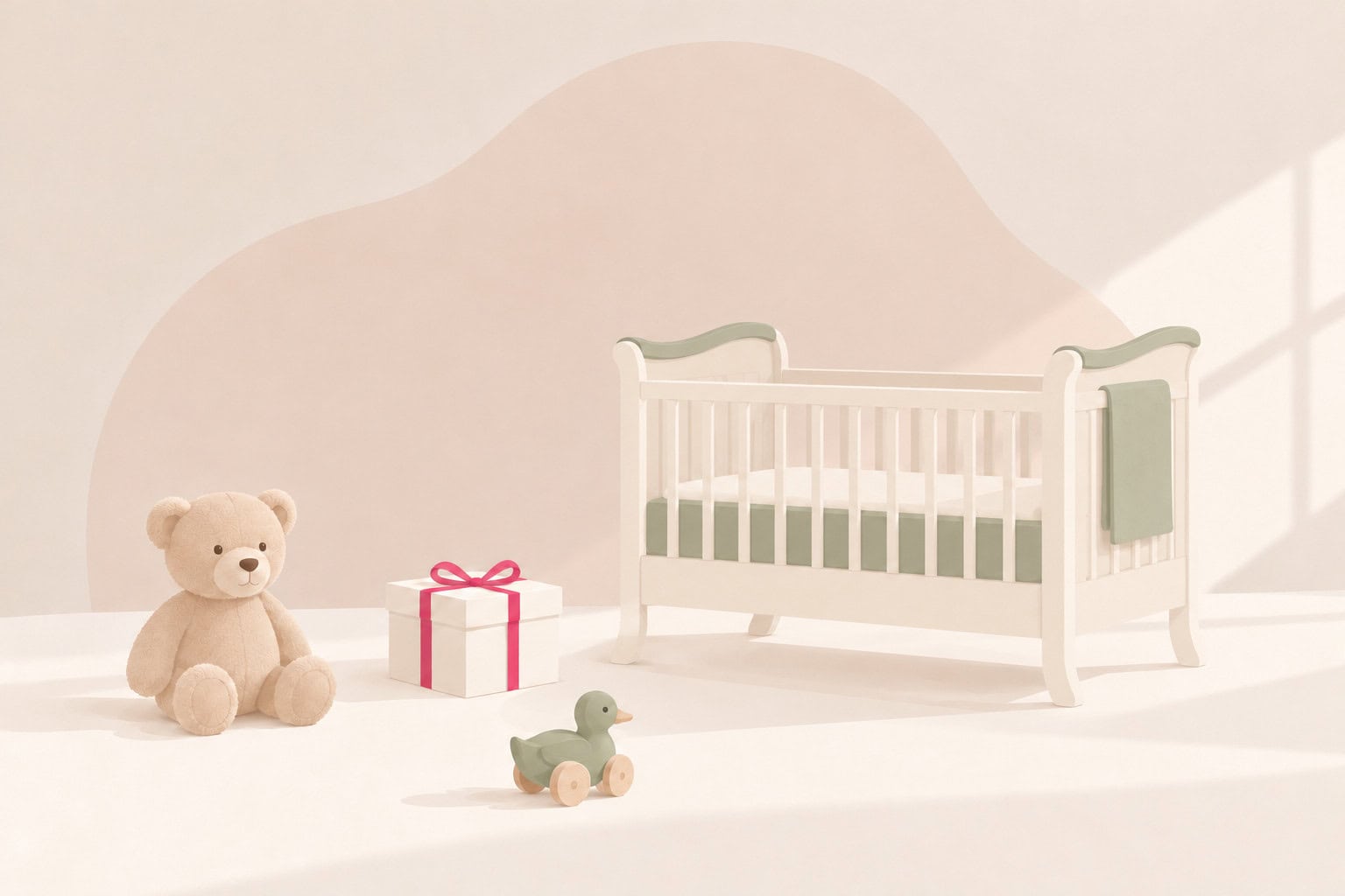 Helles Vintage-Kinderbett neben einem Teddy, einem Geschenk mit pinker Schleife und einer Holzente – nordische Illustration in Pastellfarben.