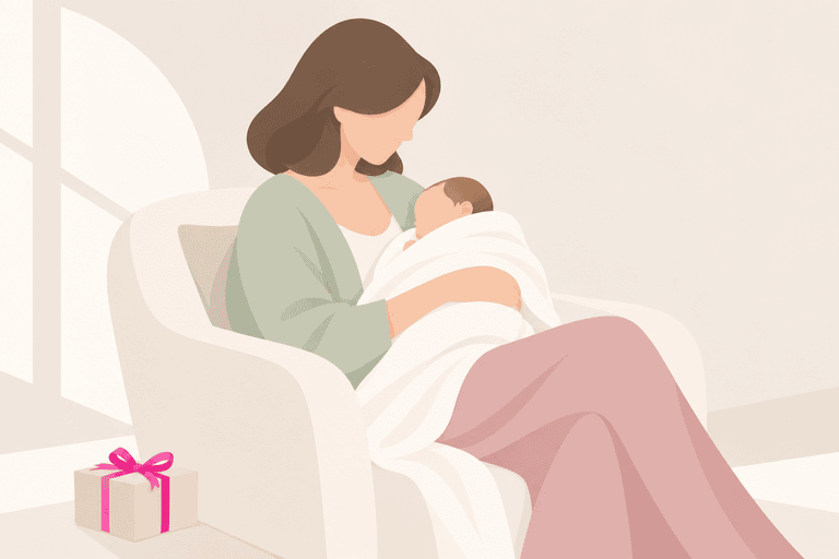 Mutter im Wochenbett hält ihr Neugeborenes im Arm, daneben steht ein kleines Geschenk mit pinker Schleife.