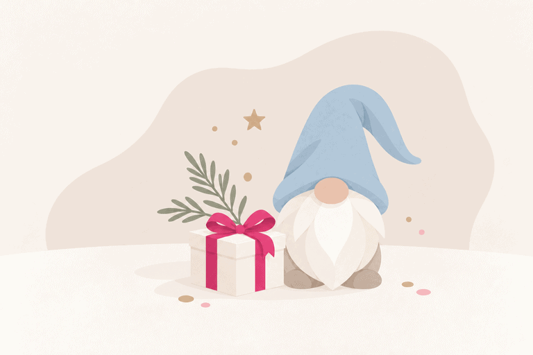 Nordisch-minimalistischer Weihnachtswichtel mit blauer Mütze und weißem Bart neben einem kleinen Geschenk mit pinker Schleife.