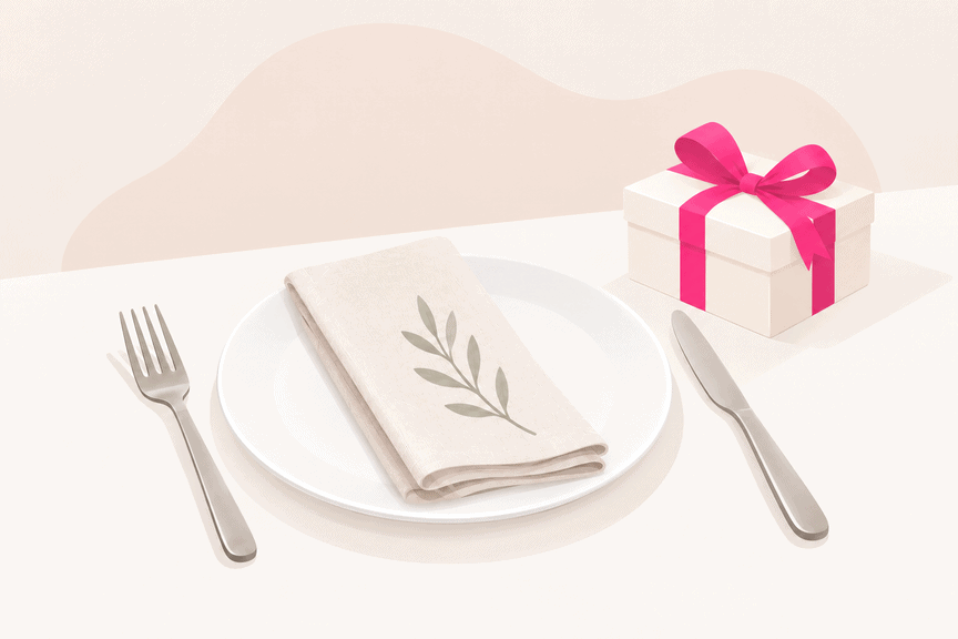Gedeckter Tisch mit Teller, Besteck und kleinem Geschenk zur Essenseinladung