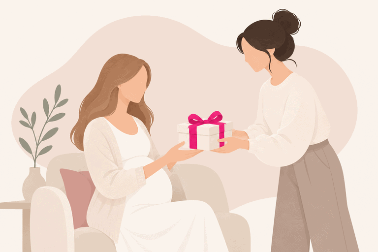 Illustration einer schwangeren Frau im weißen Kleid, die von ihrer Freundin ein Geschenk überreicht bekommt.
