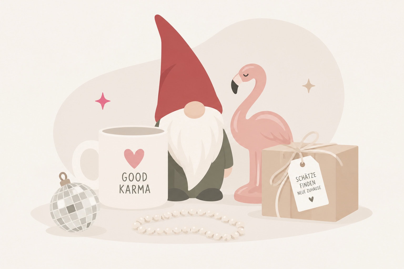 Nordisch-minimalistische Illustration mit Gartenzwerg, kitschiger Tasse, rosa Flamingo und kuriosen Gegenständen zum Schrottwichteln