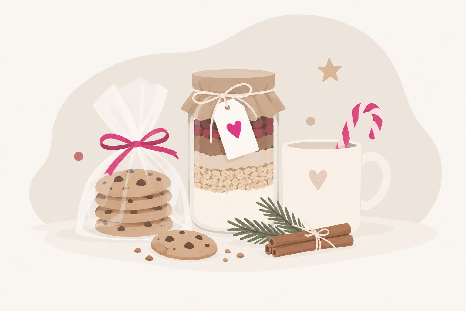 Nordisch-minimalistische Illustration mit selbstgebackenen Plätzchen, einer Backmischung im Glas und weihnachtlichen Leckereien als Food-Wichtelgeschenke