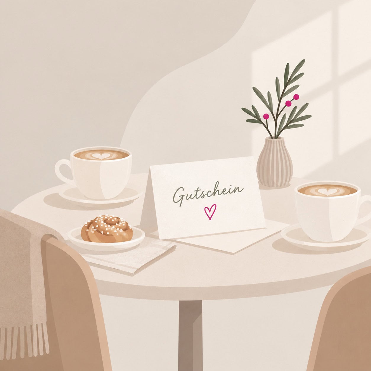 Nordisch-minimalistische Illustration eines Gutscheins für gemeinsame Zeit auf einem Cafétisch mit zwei Kaffeetassen