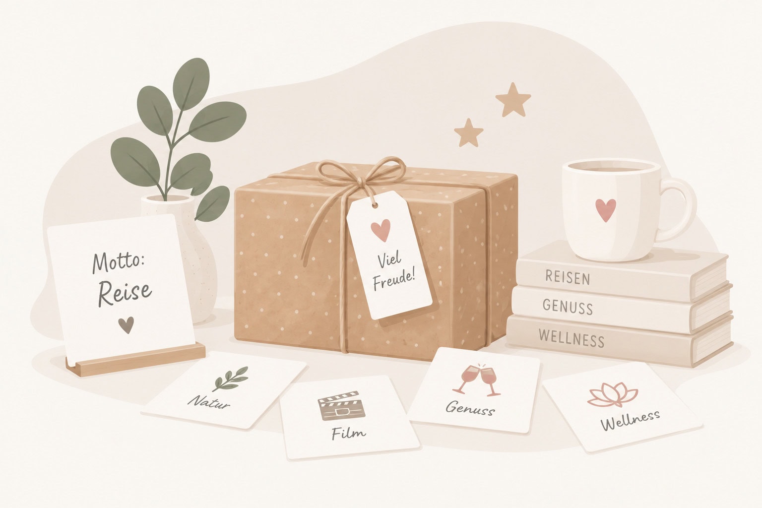 Nordisch-minimalistische Illustration mit Geschenk, Themenkarten und Büchern für verschiedene Wichtelmottos