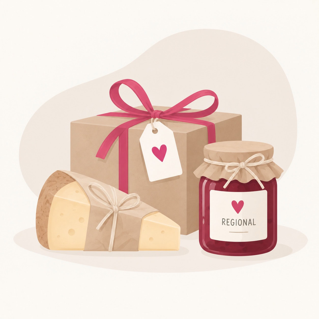 Nordisch-minimalistische Illustration mit regionalen Wichtelgeschenken: verpackter Käse, Marmeladenglas und Geschenk mit pinker Schleife