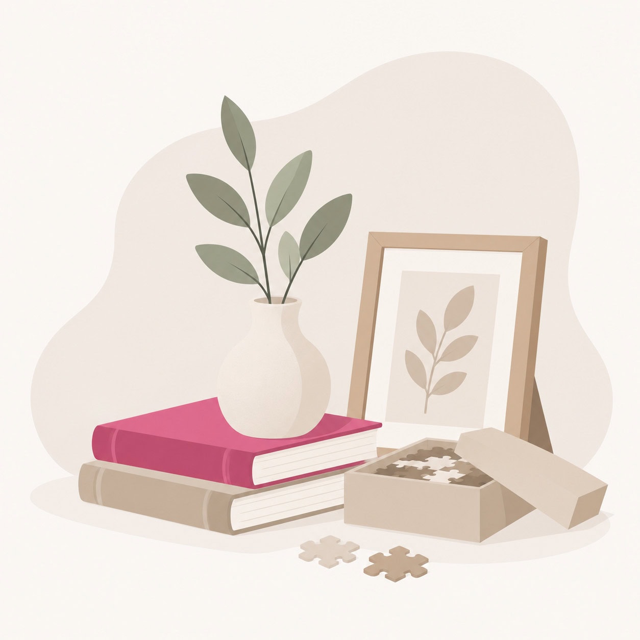 Nordisch-minimalistische Illustration mit Büchern, Vase, Bilderrahmen und Puzzle als Second-Hand-Wichtelgeschenke