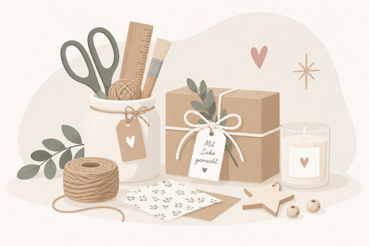 Nordisch-minimalistische Illustration mit Schere, Pinseln, Garn, einem selbstgemachten Geschenk und einer Kerze zum DIY-Wichteln